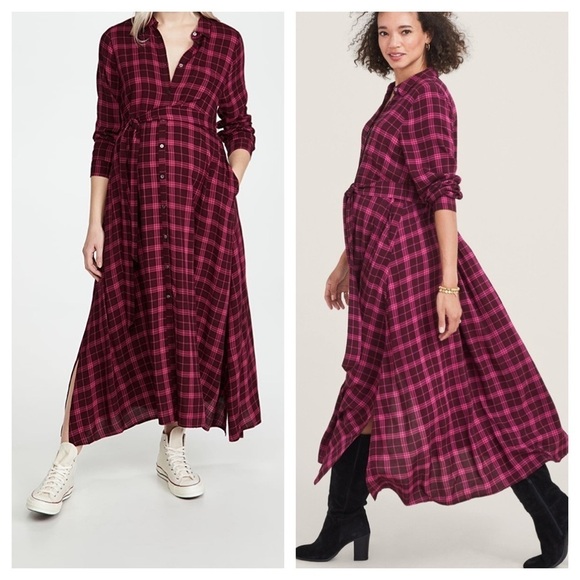 Hatch Dresses & Skirts - Hatch / The Alyssa Dress magenta plaid midi shirt dress size 1 Small